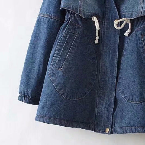  New Womens Fleece-Lined Mid-Length Denim Padded Jacket Coats