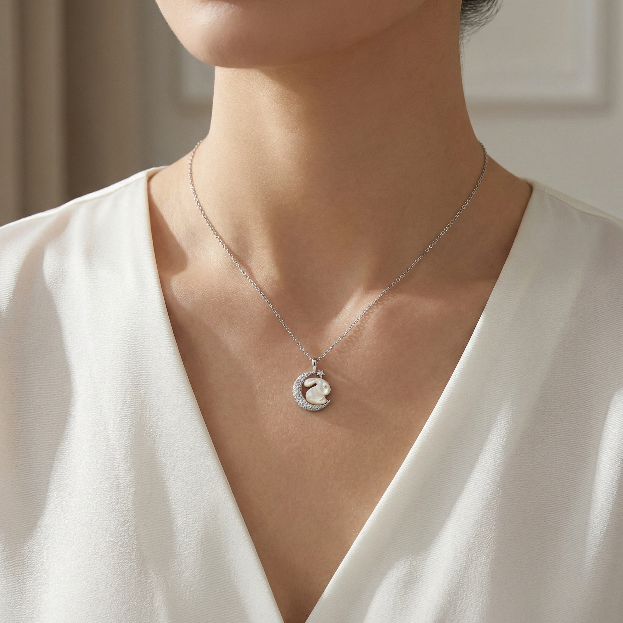  Silver Elegant Mother of Pearl Rabbit and Crescent