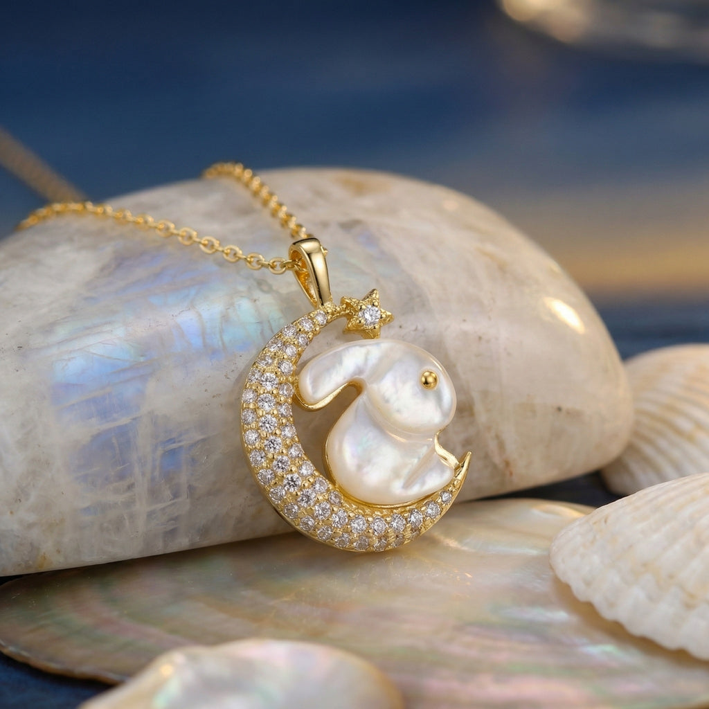  Silver Whimsical Mother of Pearl Rabbit Resting on Sparkling 