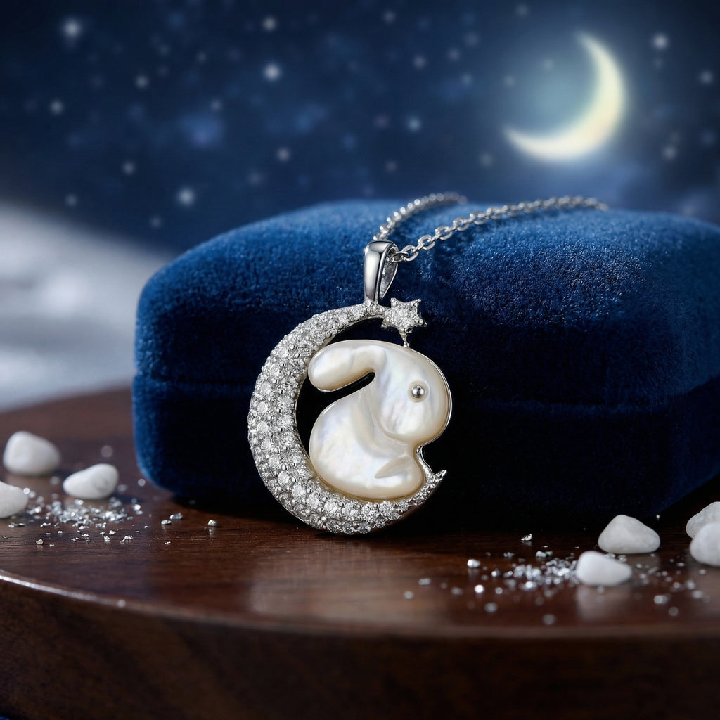  Silver Elegant Mother of Pearl Rabbit and Crescent