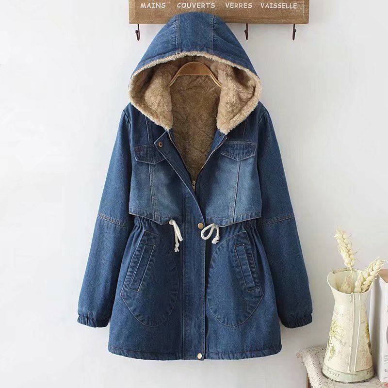  New Womens Fleece-Lined Mid-Length Denim Padded Jacket Coats