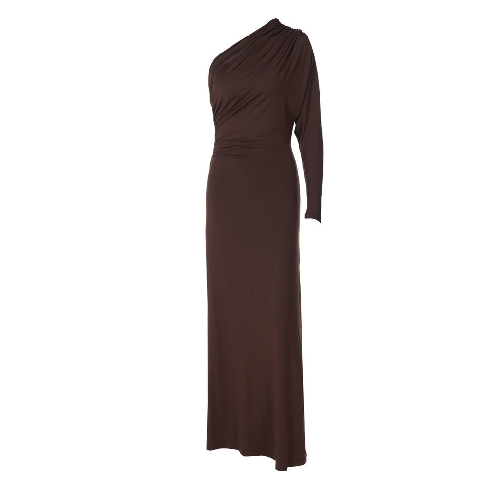 Fashionable Chic Asymmetrical Off-Shoulder One-Sleeve Pleated Maxi Dress