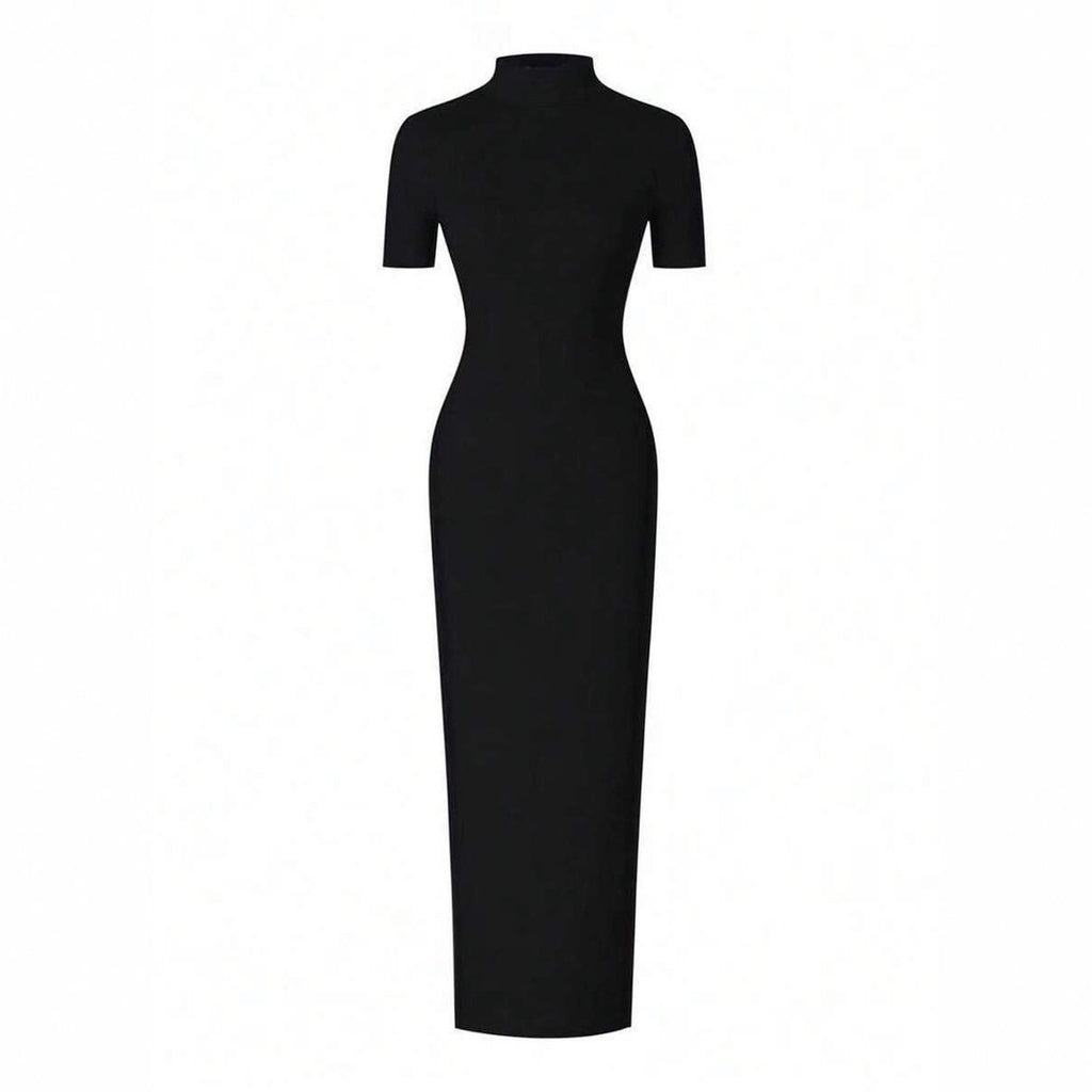Womens Solid-Colored Short-Sleeve Mock Neck Pleated Slit Dress