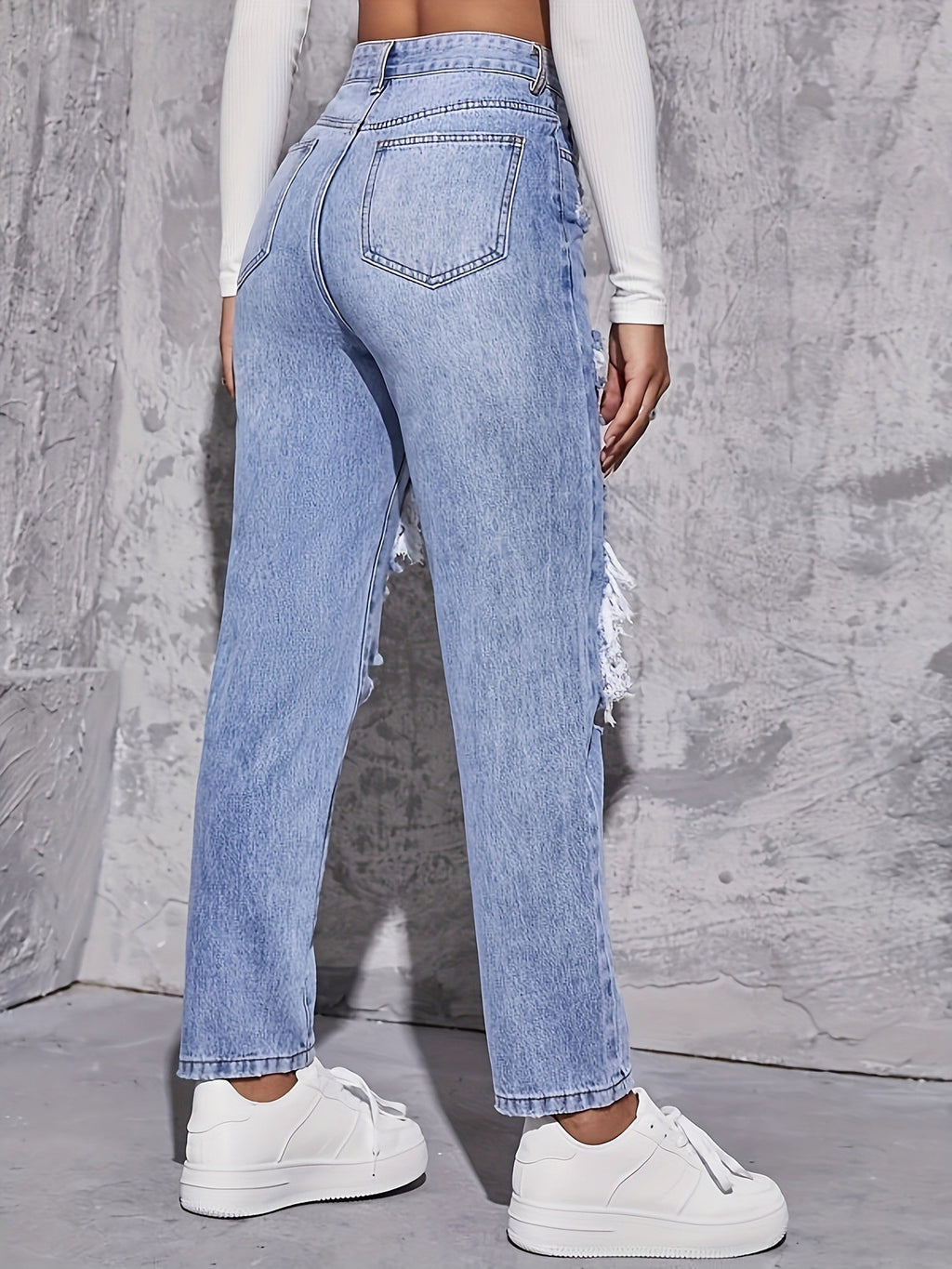 Stone Washed High-Waisted Straight Leg Long Pants