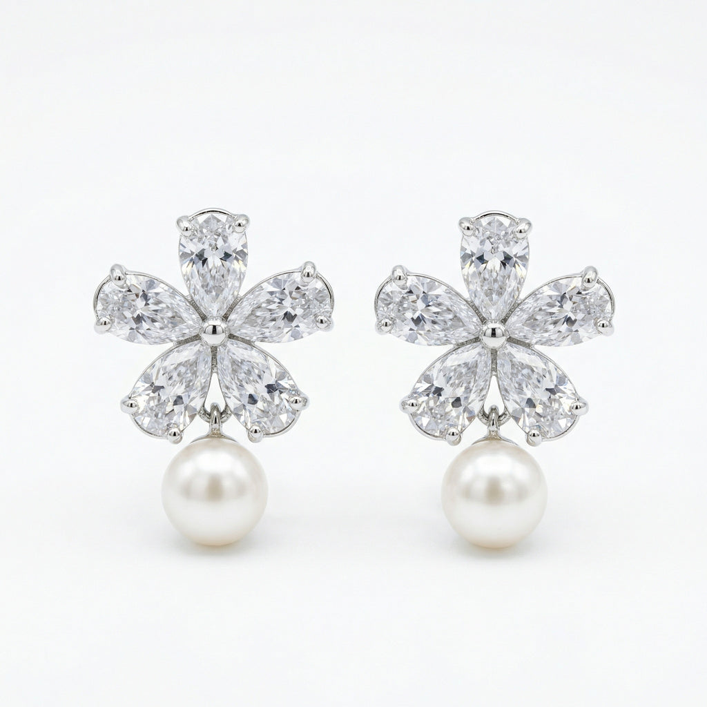925 Sterling Silver Elegant Pear-Cut Crystal Flower and Pearl Drop Earrings