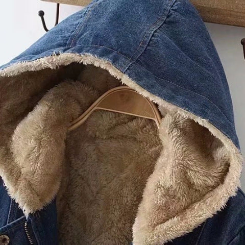  New Womens Fleece-Lined Mid-Length Denim Padded Jacket Coats