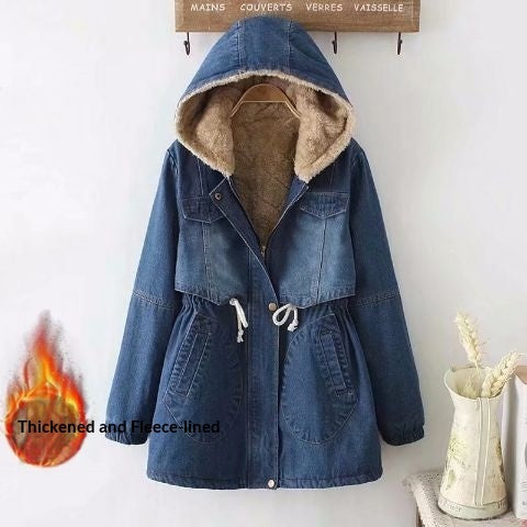  New Womens Fleece-Lined Mid-Length Denim Padded Jacket Coats