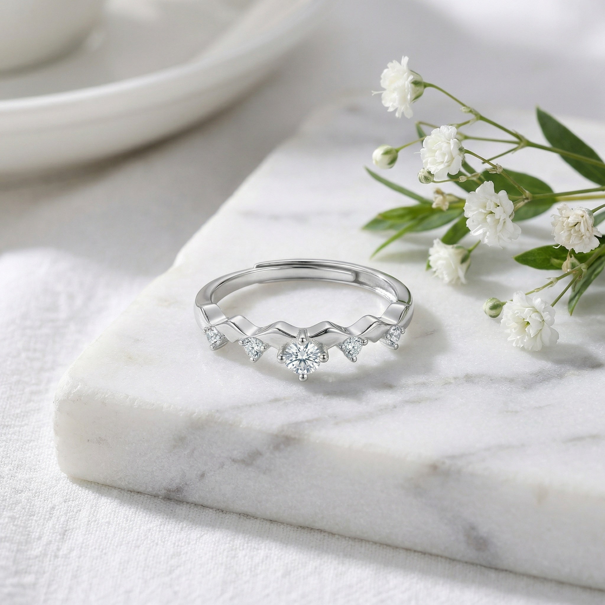 Sterling Silver Dainty Adjustable Silver Wave Ring