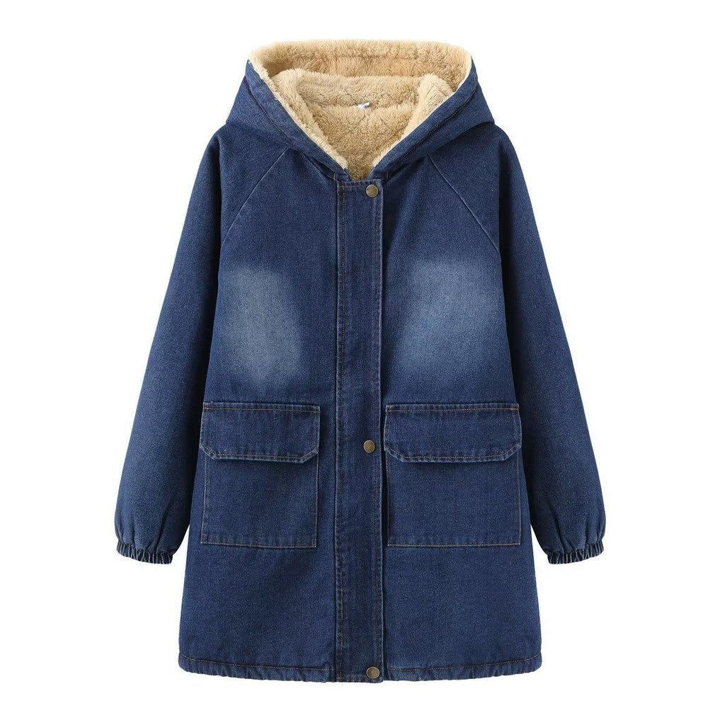  New Womens Fleece-Lined Mid-Length Denim Padded Jacket Coats